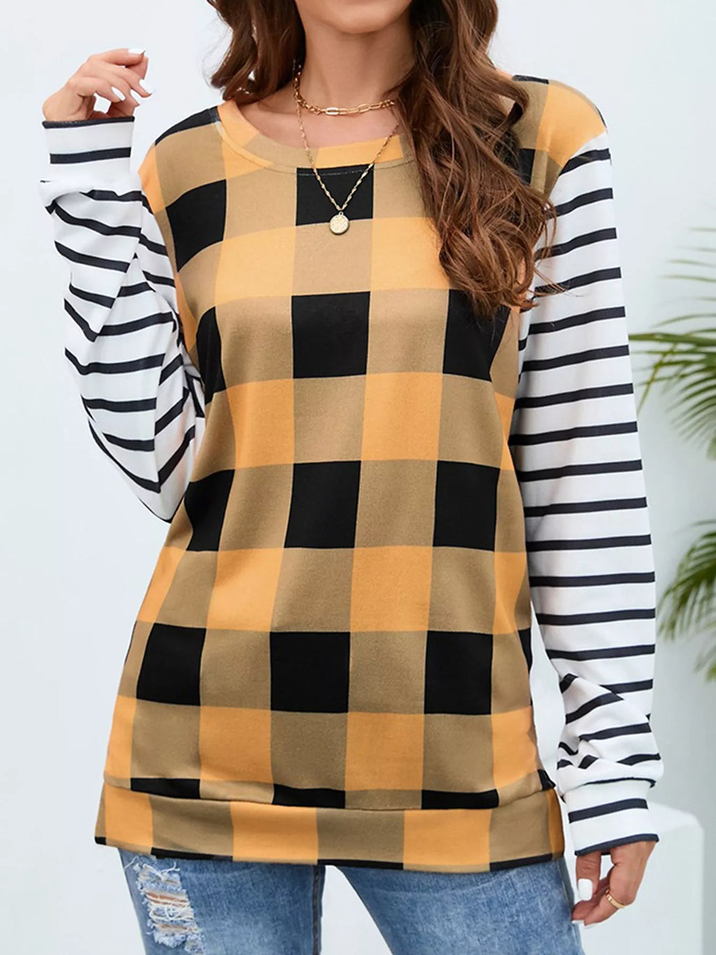 Plaid and Stripe Contrast Long Sleeve T-Shirt