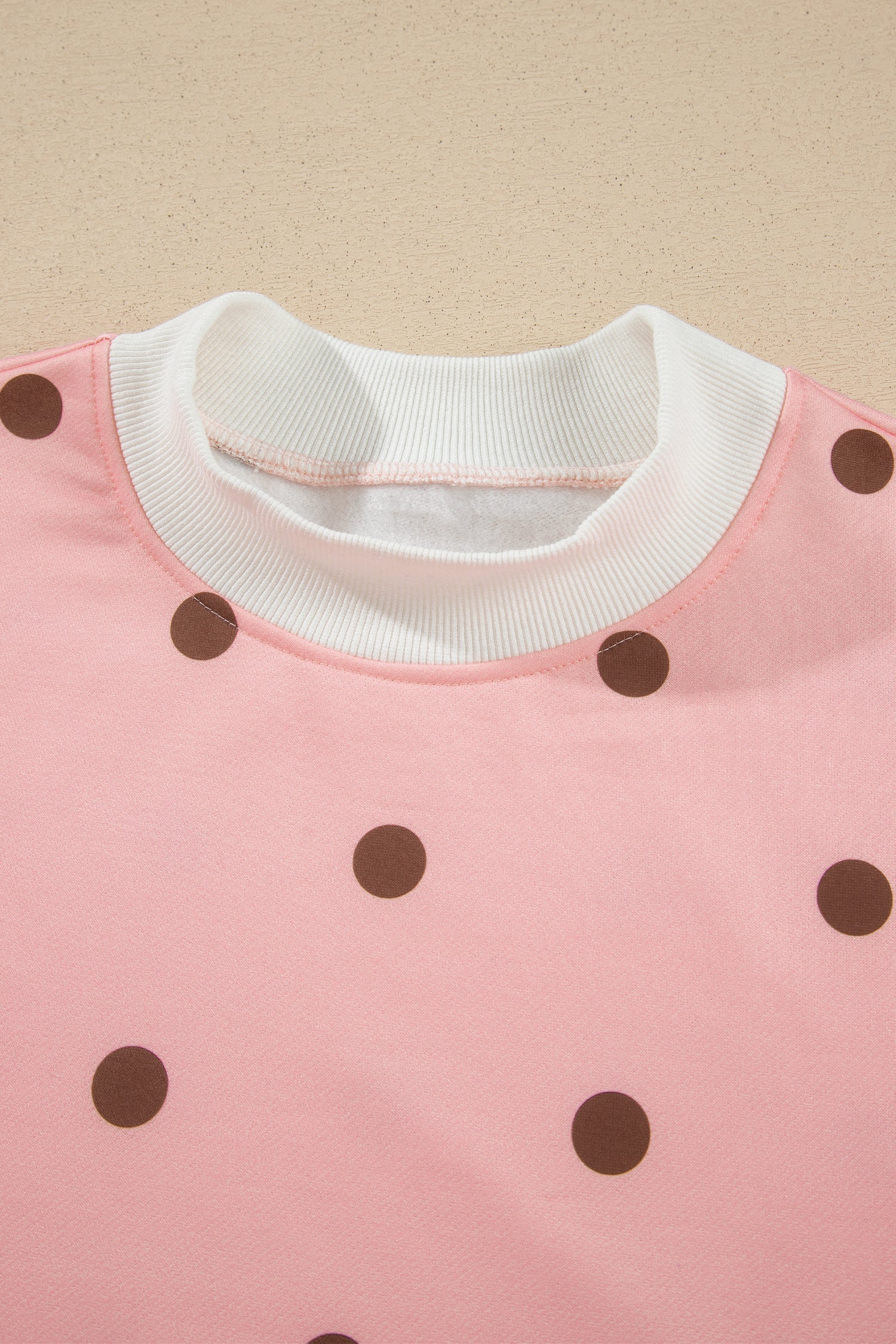 Brown Polka Dot Ribbed Trim Long Sleeve Top Casual Short Set