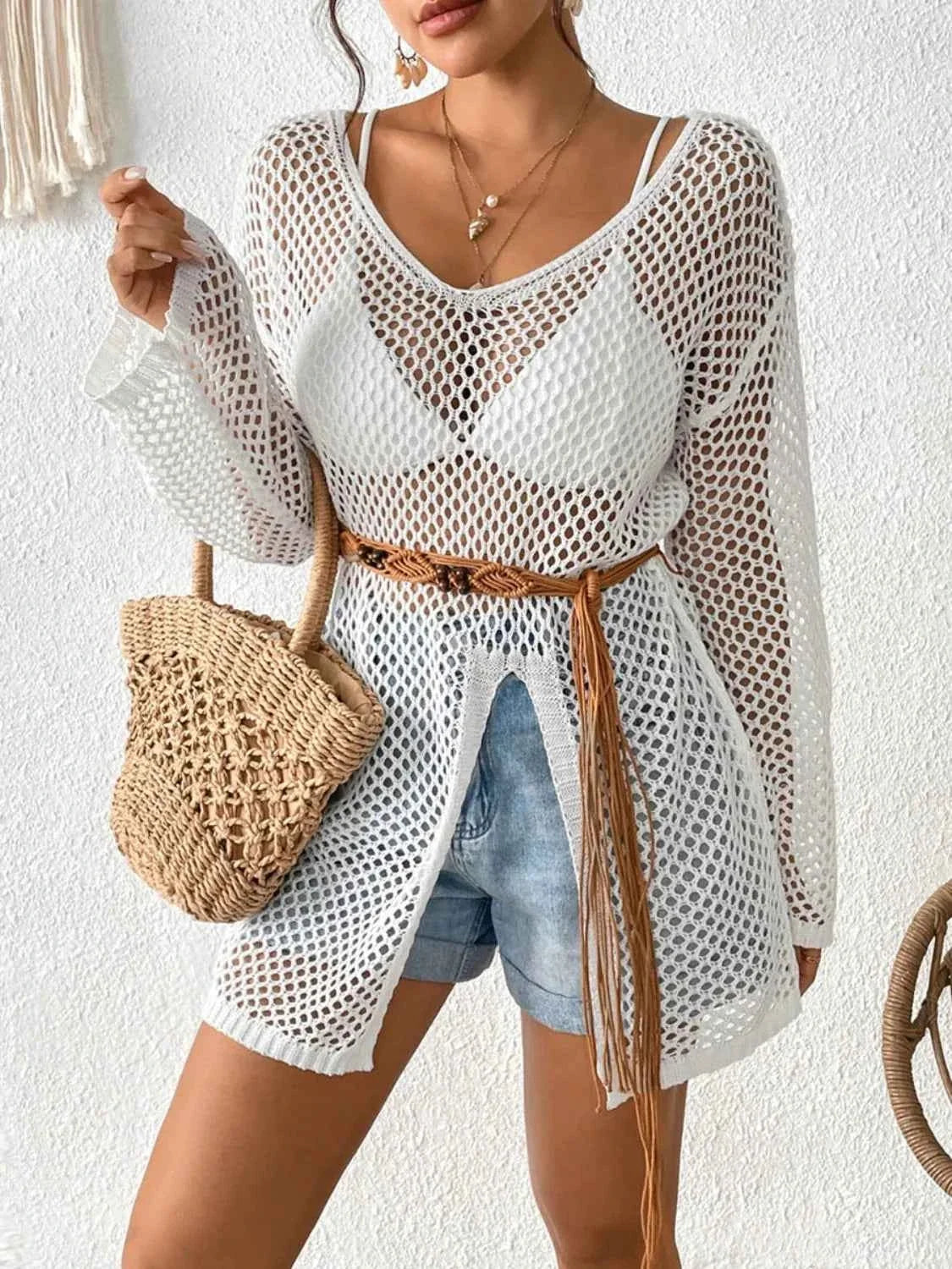 Openwork Knit V-Neck Cover-Up with Side Slit