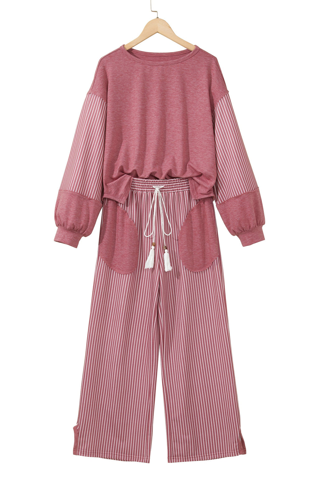 Fushia Raw Seam Patchwork Long Sleeve Top Pocket Casual Pants 2pcs Set