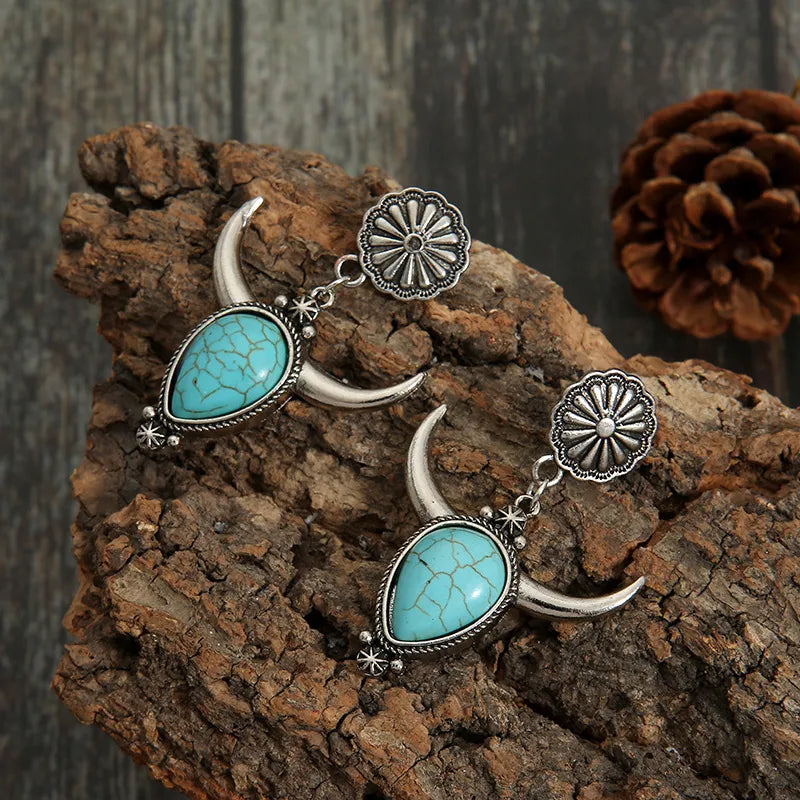 Artificial Turquoise Alloy Cow Head Drop Earrings
