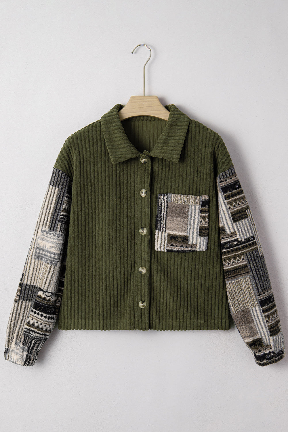 Plaid Patchwork Sleeve Button-Up Ribbed Fleece Jacket