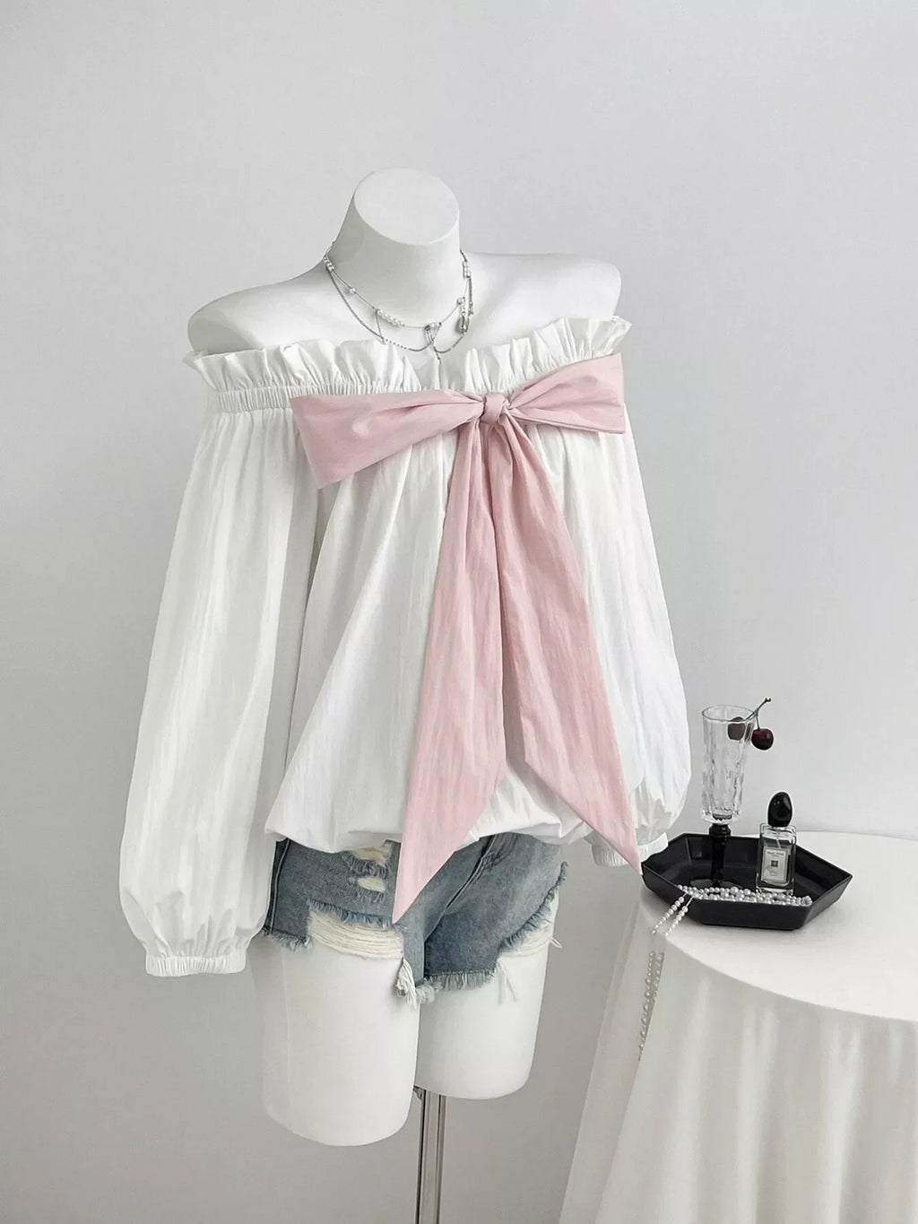 Bow Off-Shoulder Long Sleeve Blouse