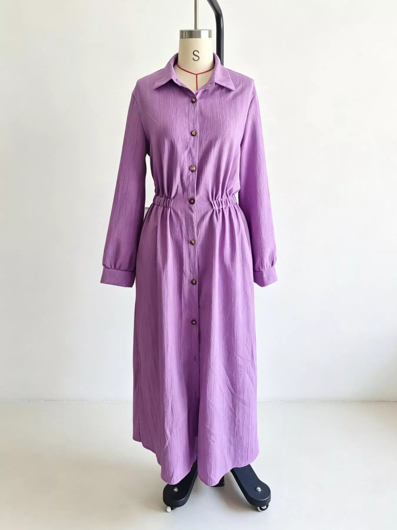 Full Size Textured Button Front Long Sleeve Maxi Dress Plus Size
