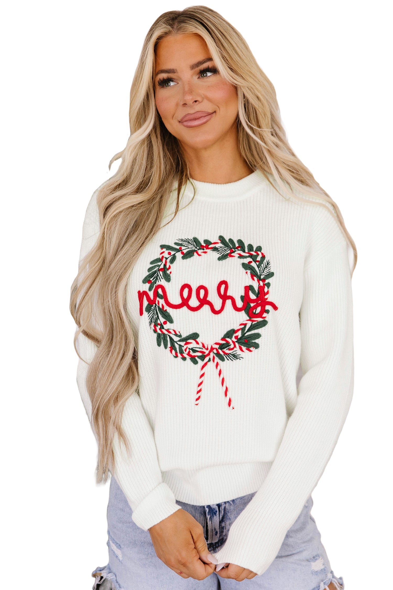 White Christmas Wreath Pattern Round Neck Casual Sweater
