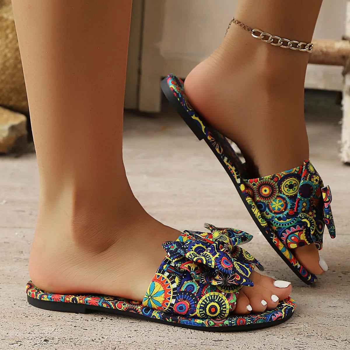 Bow Printed Open Toe Flats Sandals