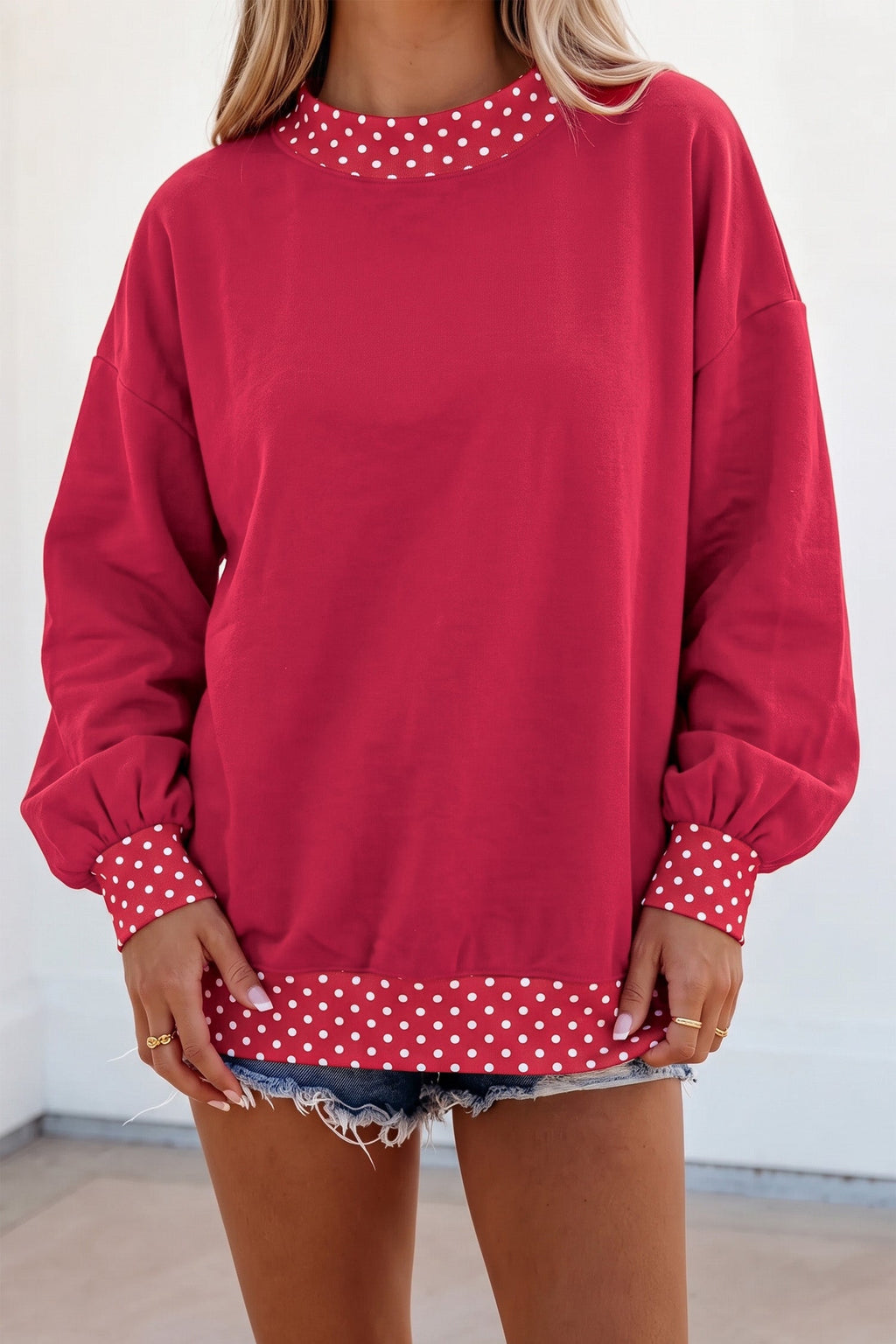 Burgundy Colorblock Polka Dot Contrast Trim Oversized Sweatshirt