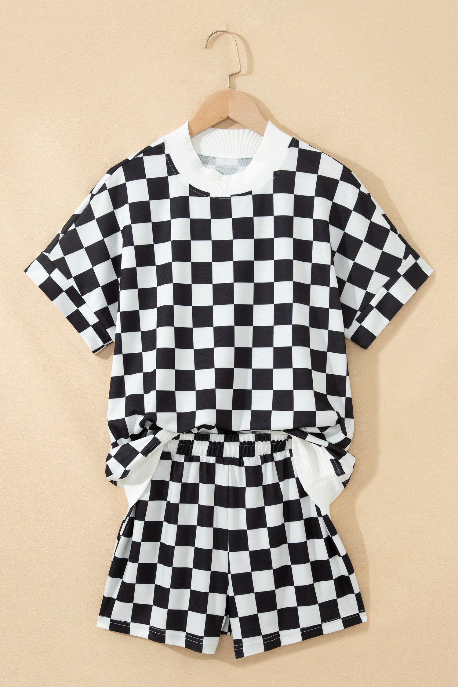 Black Checkered Print Color Block Trim Mock Neck Short Set