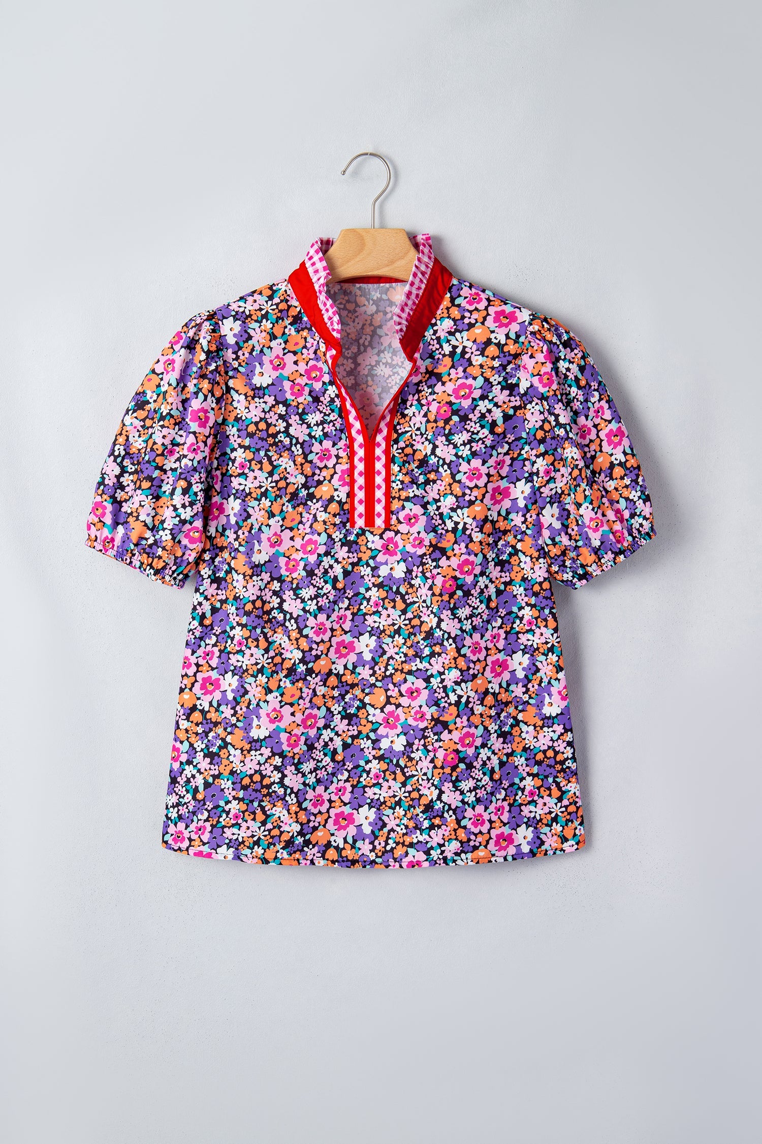 Purple Ditsy Floral Print Plaid Colorblock Trim V Neck Blouse