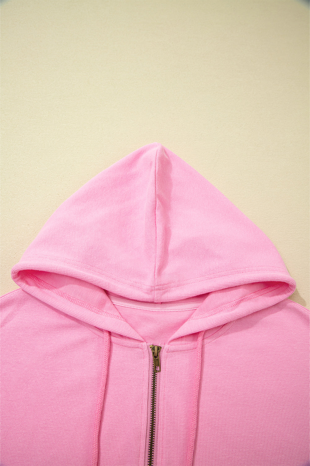 Solid Ribbed Zip-Up Drawstring Hooded Jacket