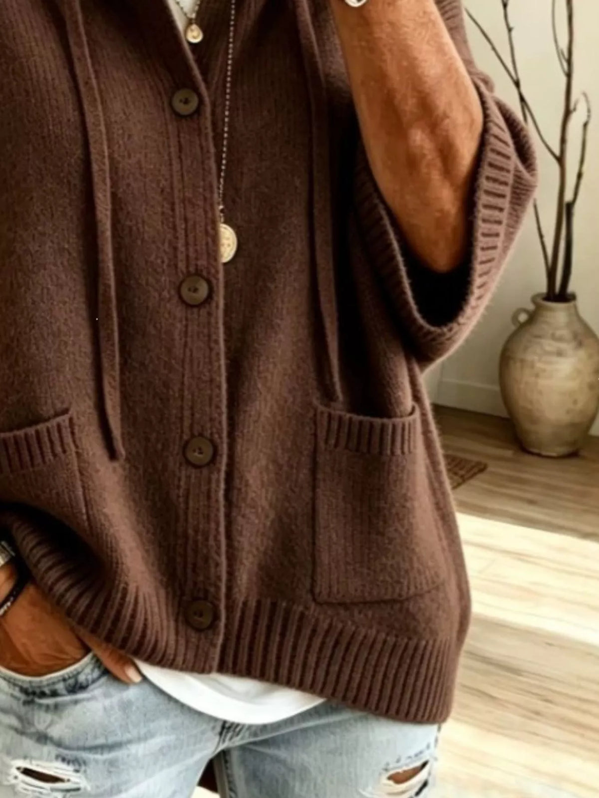 Full Size Hooded Button-Down Knit Cardigan Plus Size
