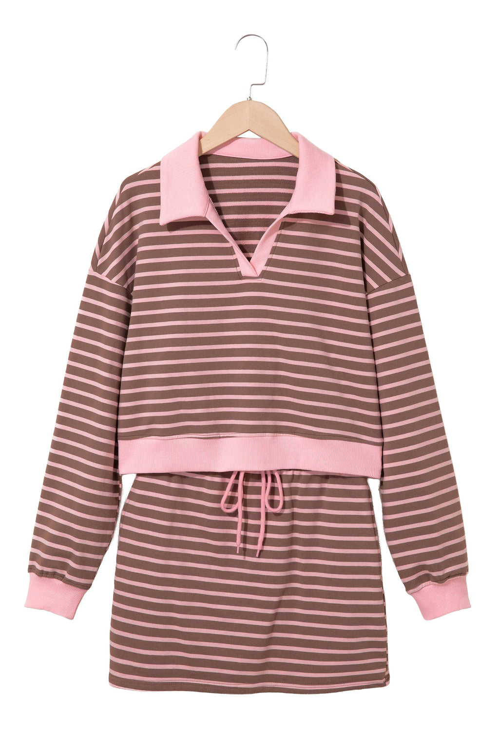 Brown Stripe Striped Drawstring Waist Long Sleeve Top Mini Skort Set