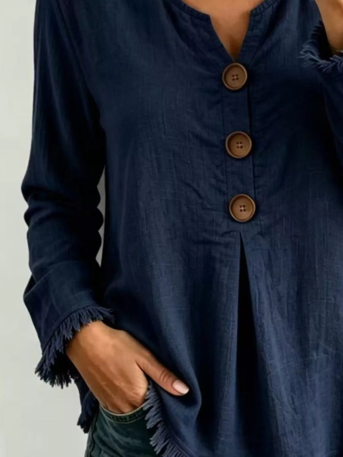 Full Size Frayed Hem Long Sleeve Blouse Plus Size