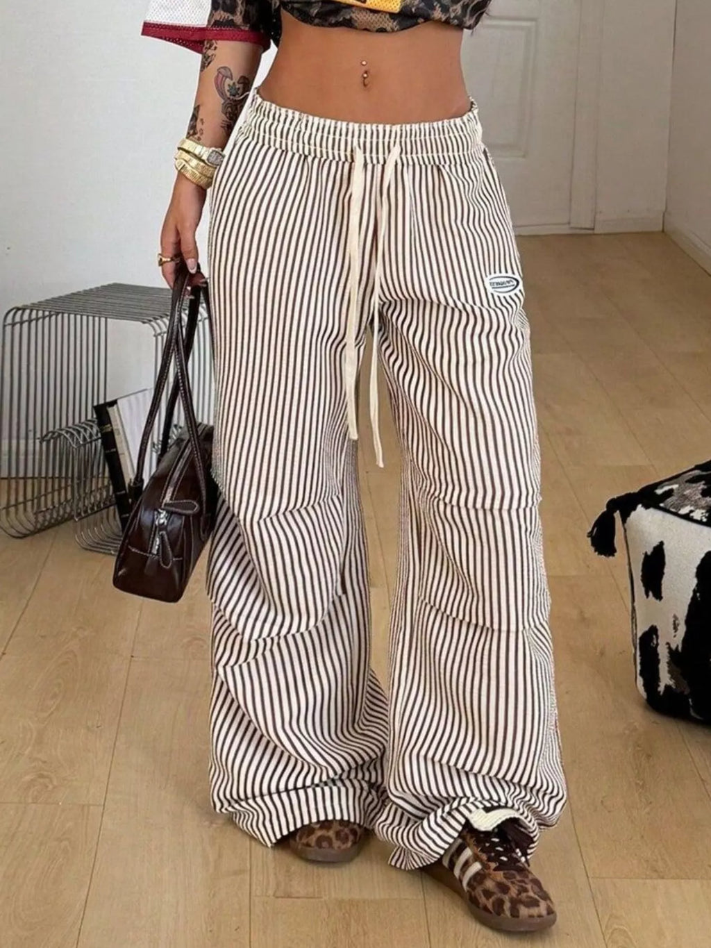 High-Waisted Striped Wide-Leg Cargo Pants with Drawstring