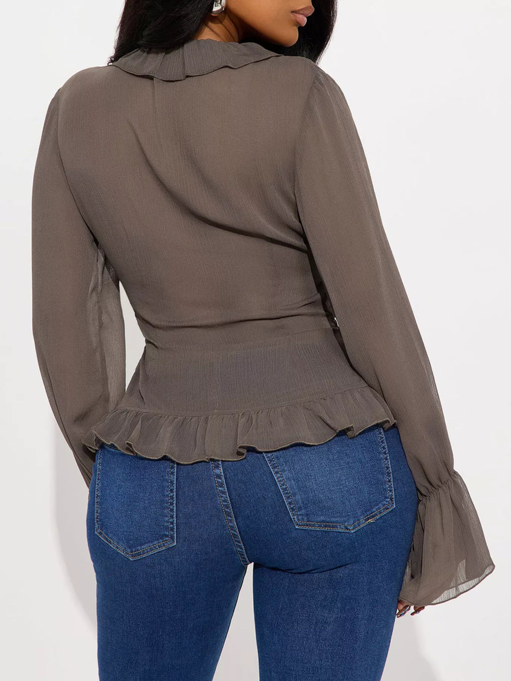 Ruffled V-Neck Long Sleeve Blouse