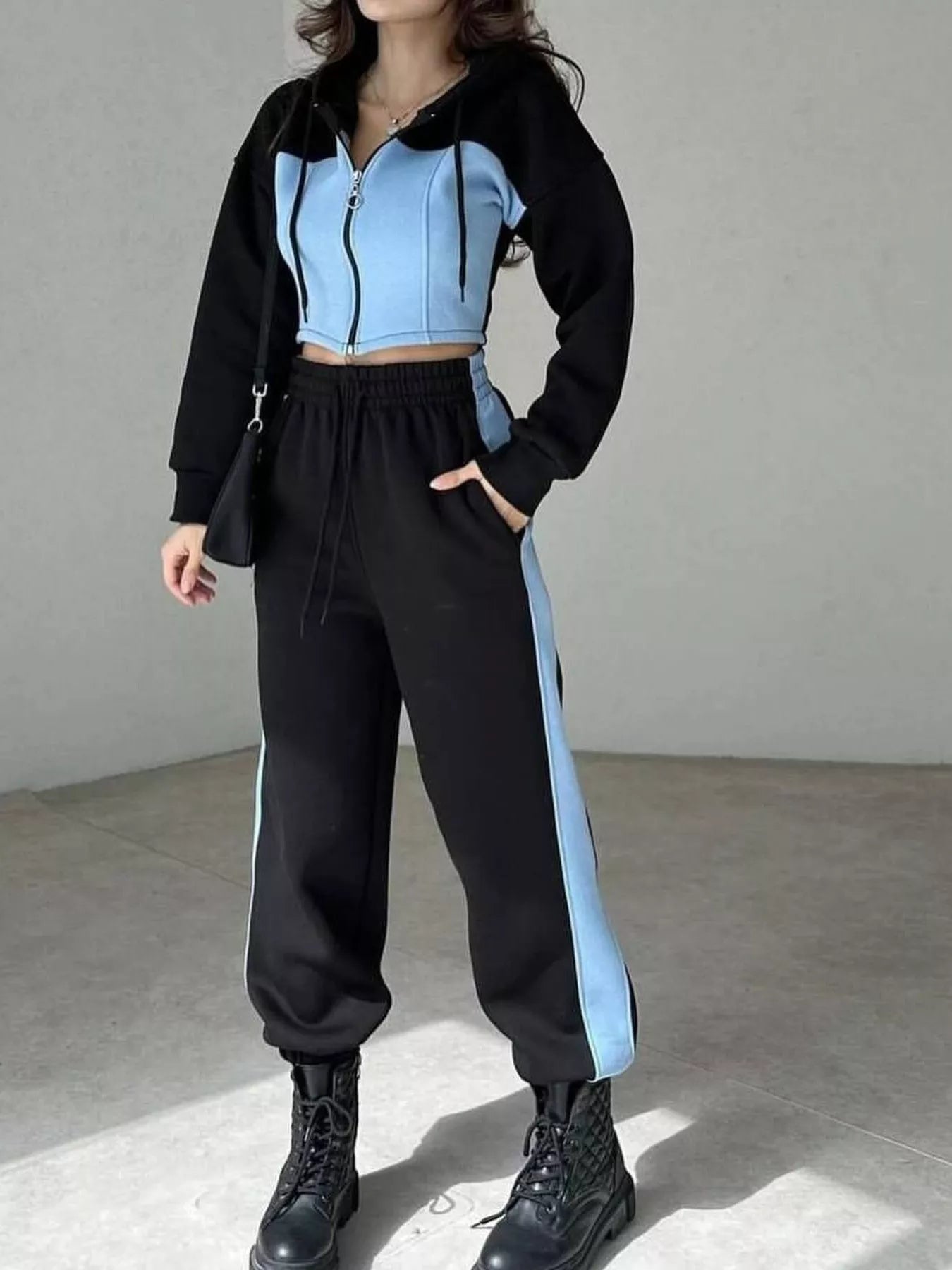 Color-Block Zip-Up Crop Hoodie and Joggers Set