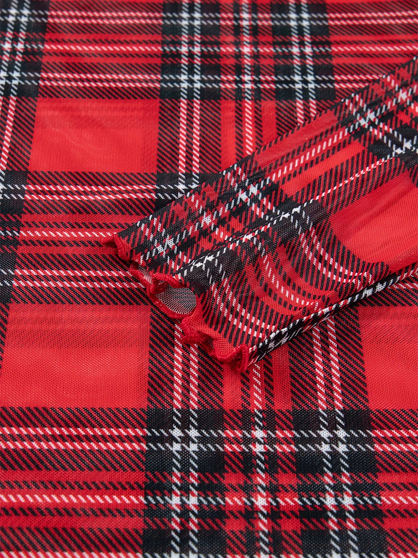 Sheer Plaid Mock Neck Long Sleeve Blouse