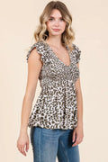 Leopard Print Ruffle Smocked Blouse in Olive