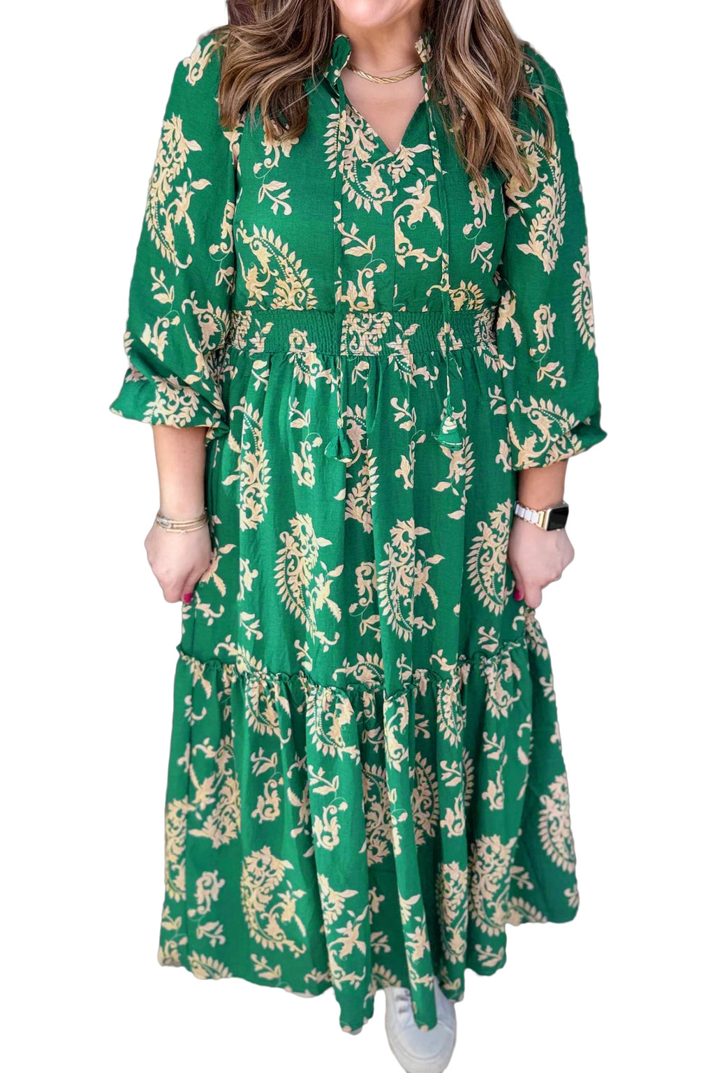 Green Floral Print V Neck Shift Dress Plus Size Dress