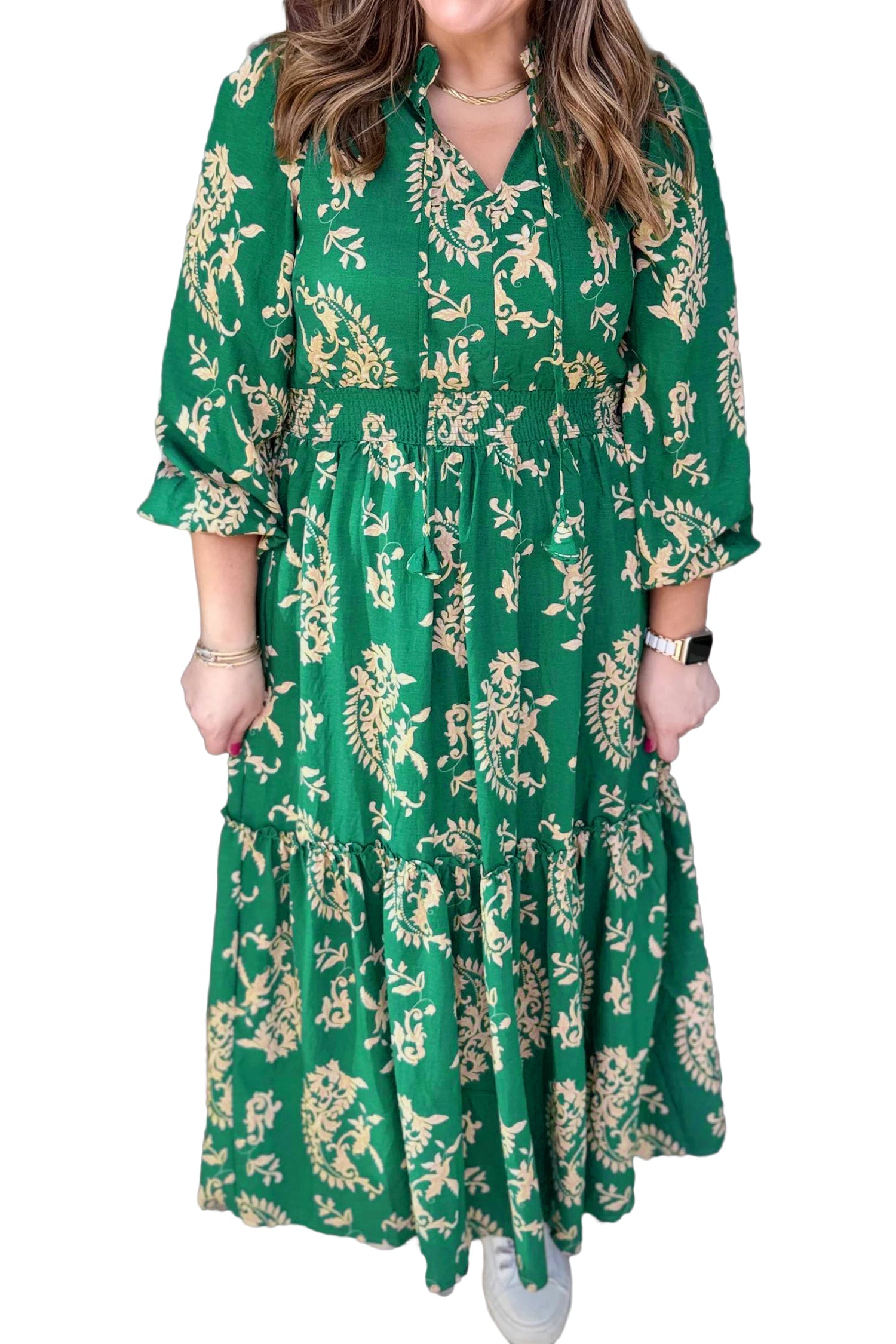 Green Floral Print V Neck Shift Dress Plus Size Dress