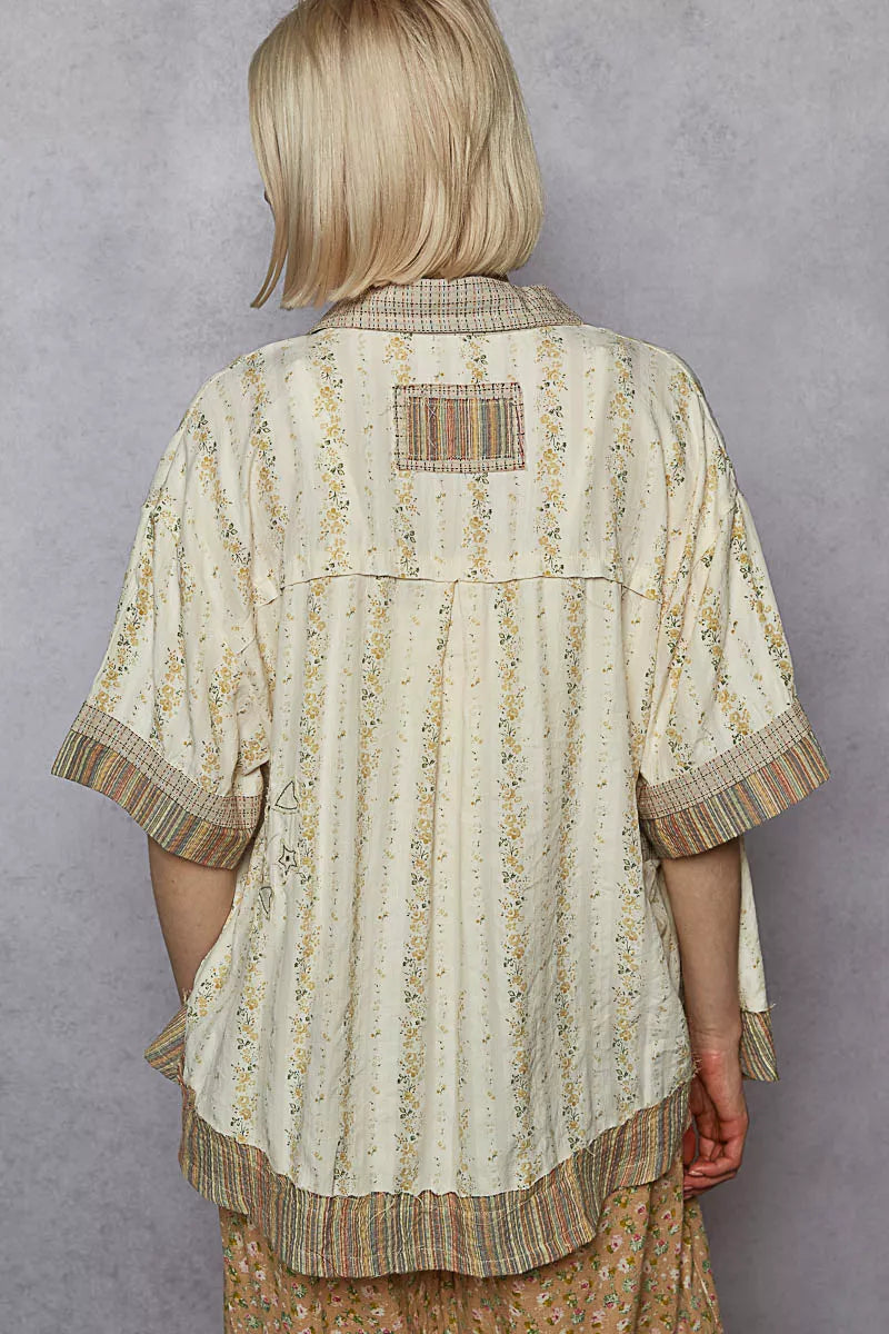 Printed Patchwork Button-Down Short Sleeve Shirt in Cotton