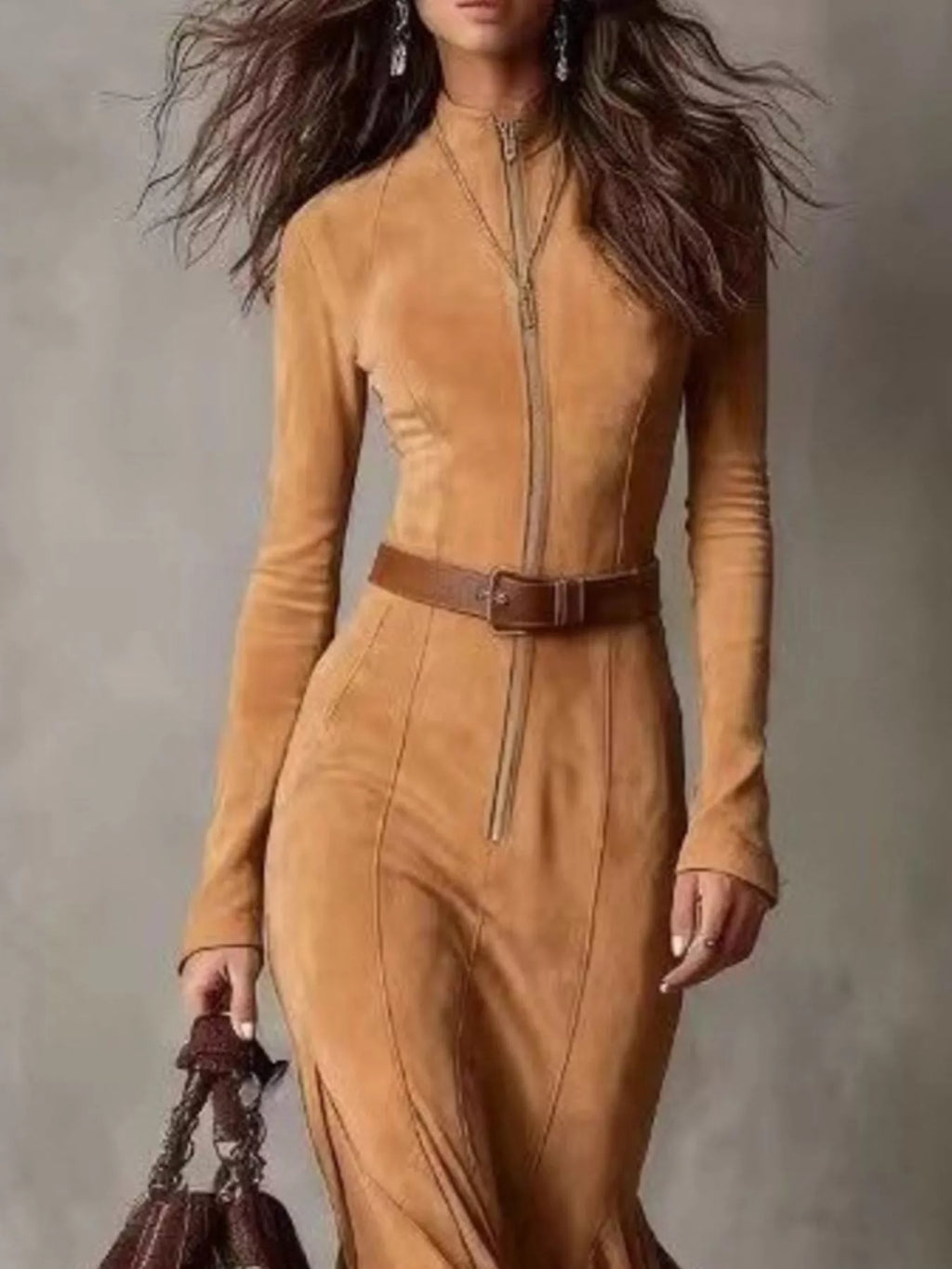 Full Size Slit Zip-Front Long Sleeve Maxi Dress with Belt Plus Size