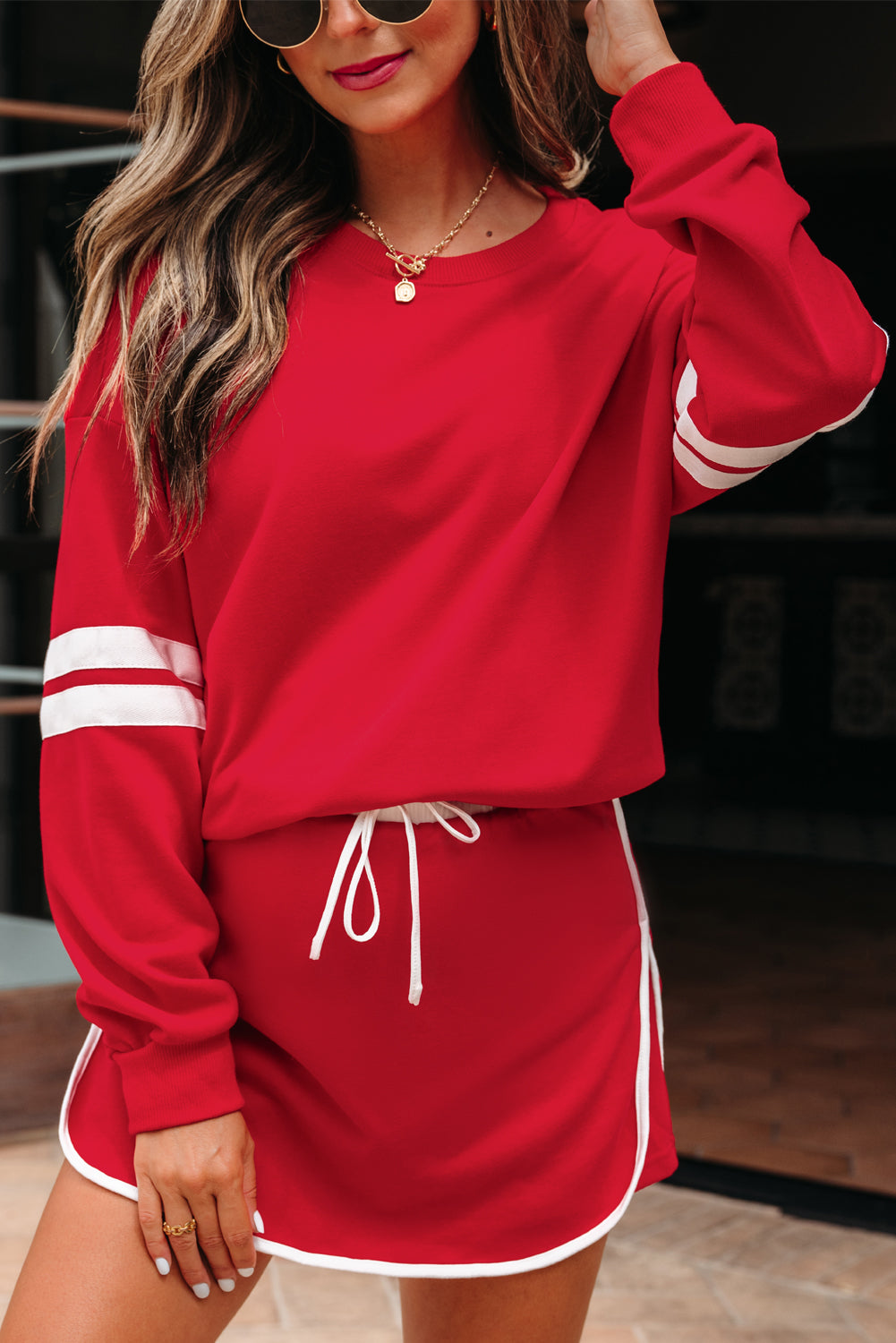 Varsity Stripe Pullover and Mini Skirt Set