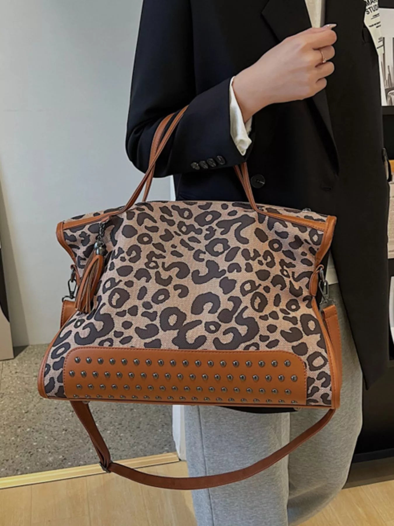 Leopard Studded Tote Bag
