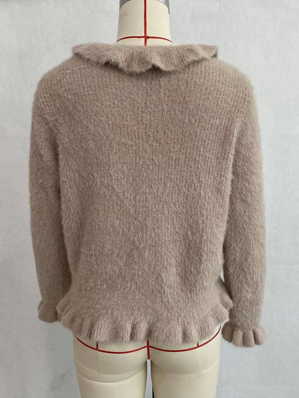 Soft Fuzzy Cardigan with Ruffled Collar and Pearl Buttons
