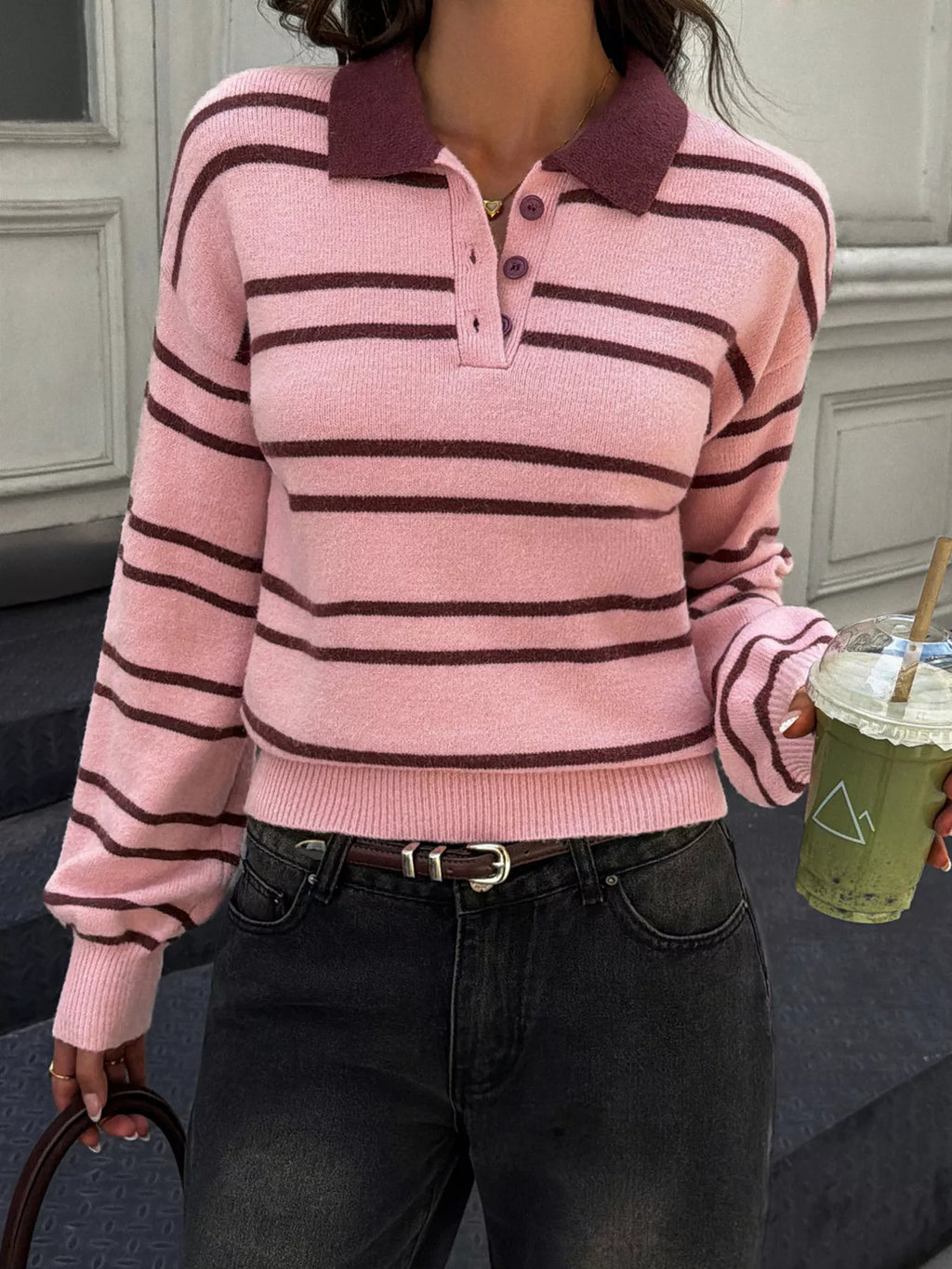 Striped Polo Collar Dropped Shoulder Sweater