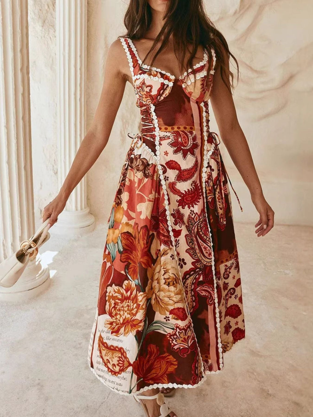Vintage Paisley Print Lace Trim Midi Dress