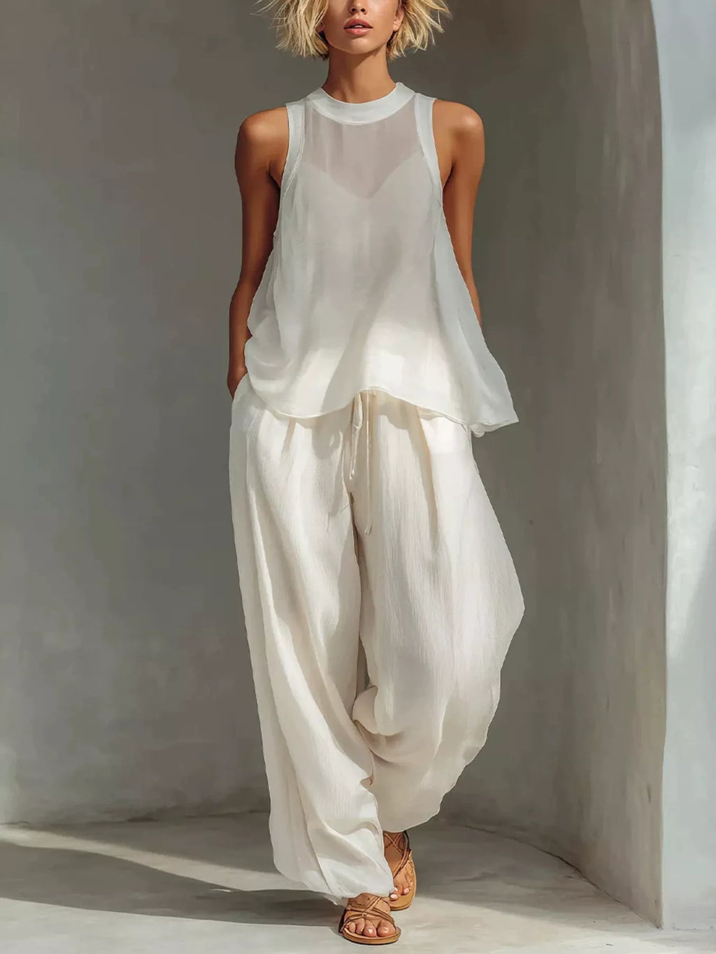 Full Size Sheer Sleeveless Top and Wide-Leg Pants Set Plus Size