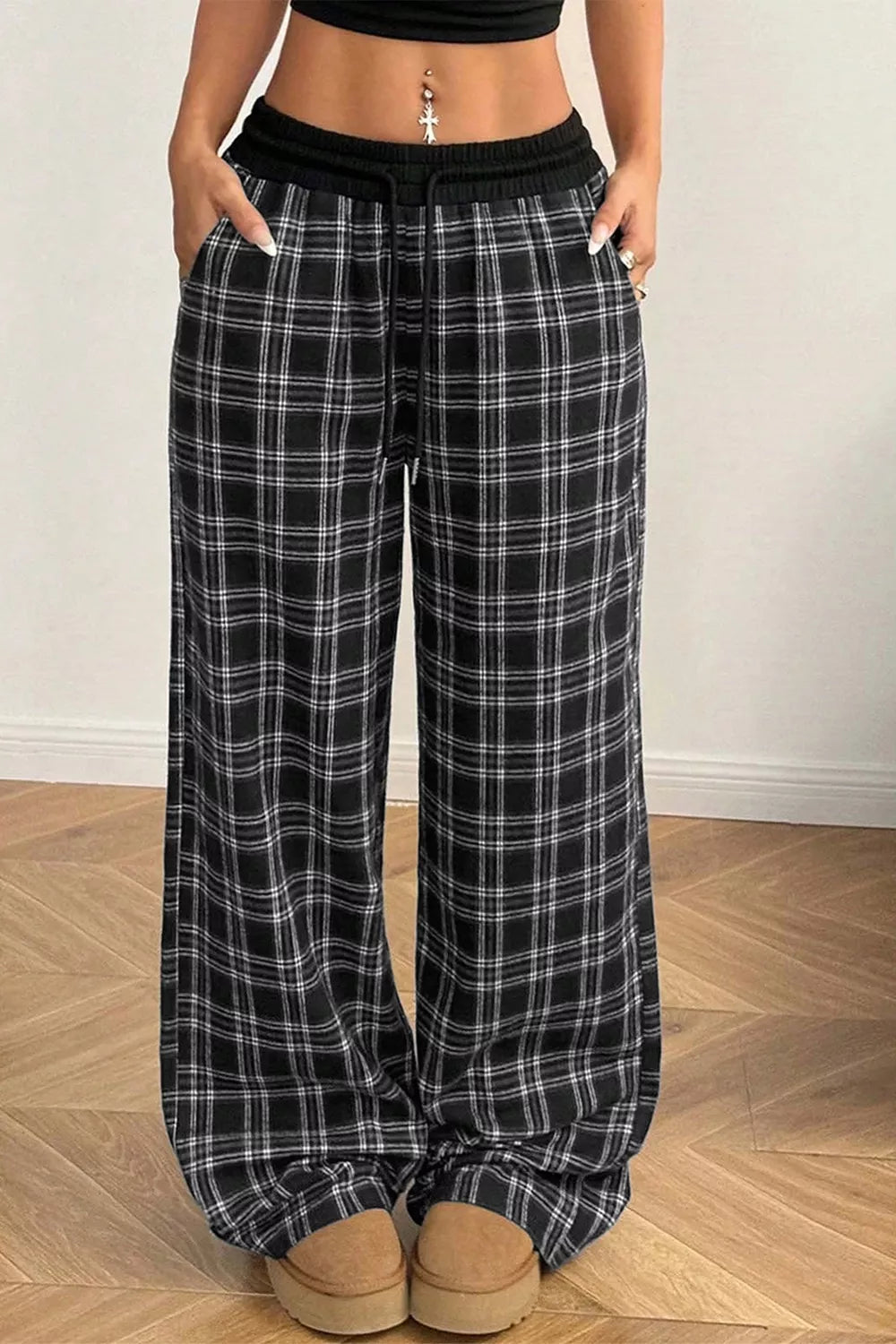 Plaid Wide-Leg Drawstring Pants