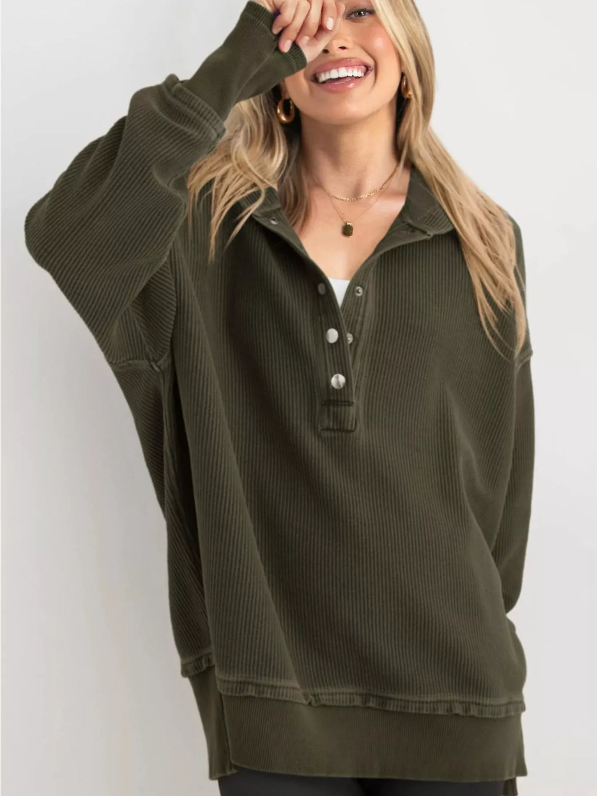 Full Size Snap Button Placket Dropped Shoulder Hoodie Plus Size