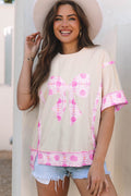 Apricot Daisy Floral Bow Contrast Patchwork Loose T Shirt
