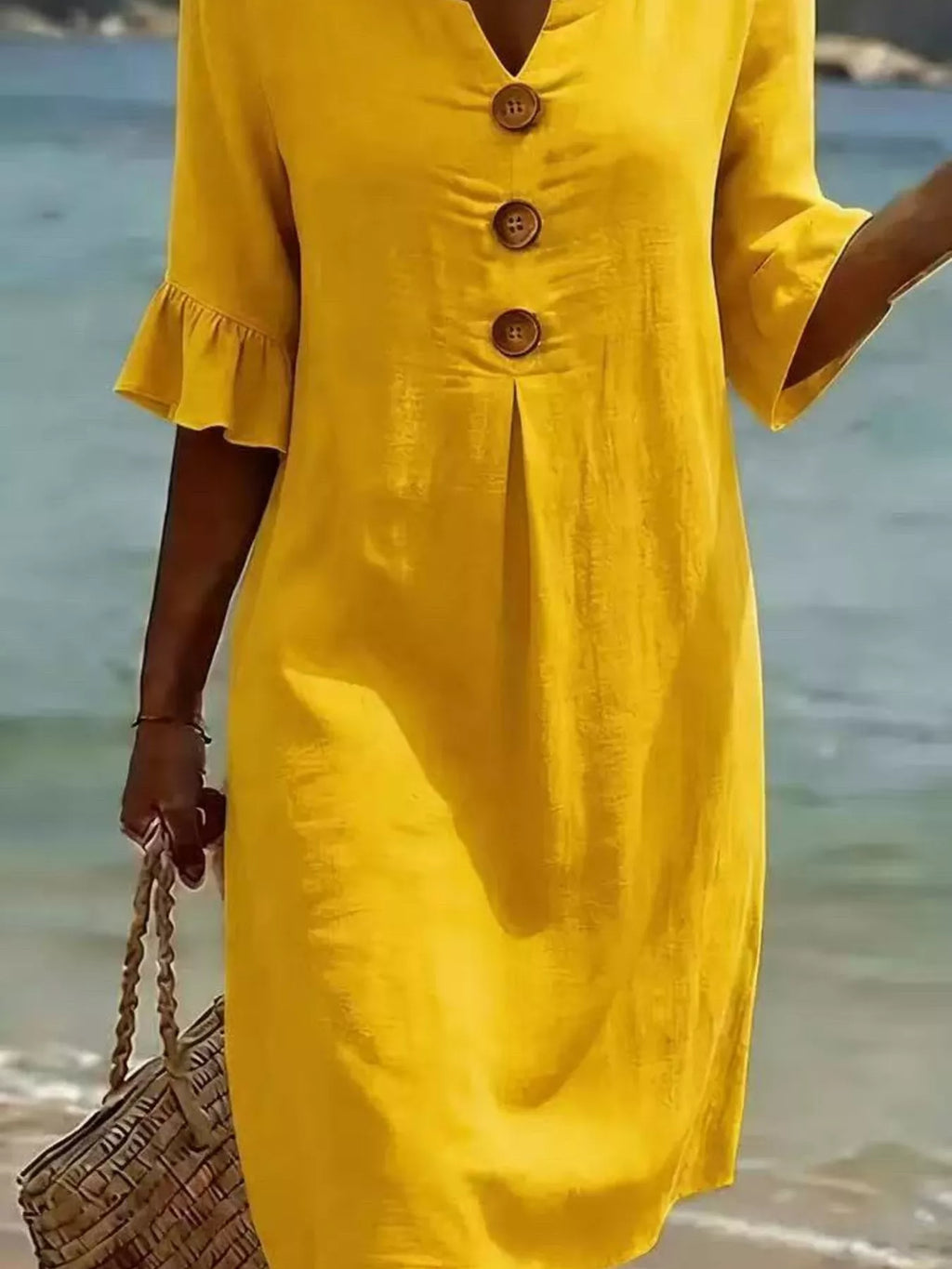 Full Size Decorative Button Ruffle Half Sleeve Dress Plus Size