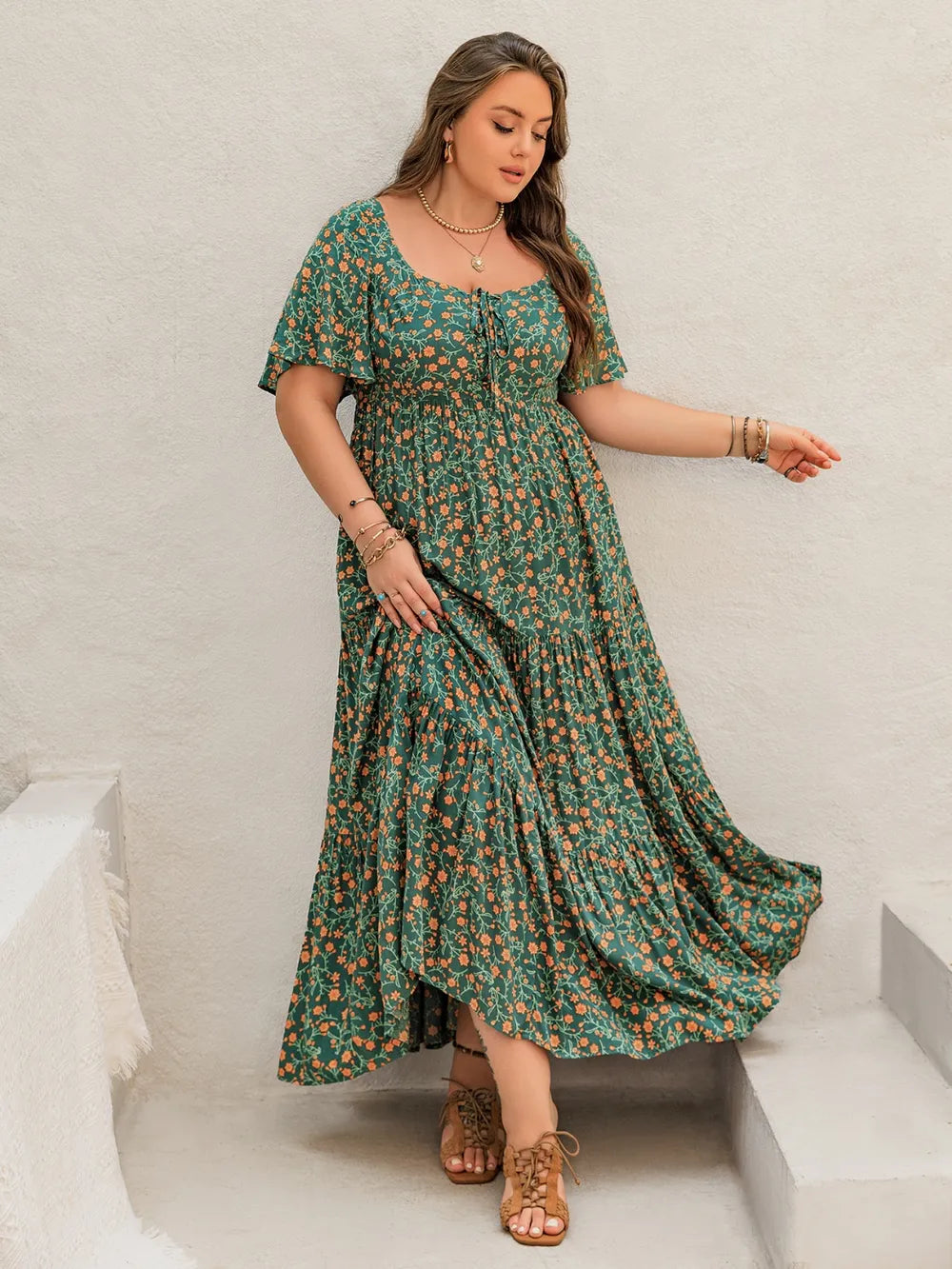 Printed Short Sleeve Tiered Maxi Dress