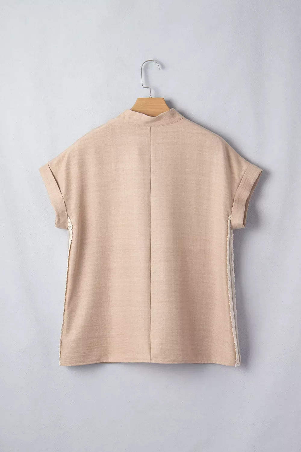 Crochet Lace Accent Pullover Rolled Short Sleeve Blouse