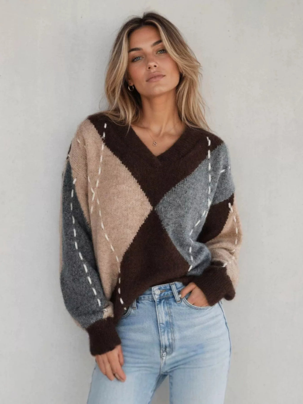 Argyle Pattern V-Neck Oversized Sweater
