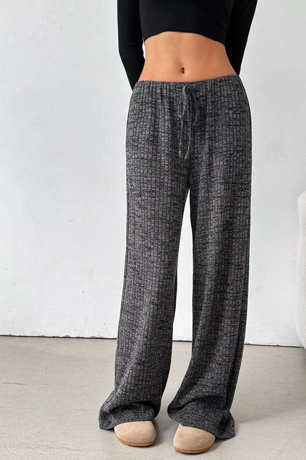 Ribbed Knit Drawstring Wide Leg Pants