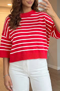 Stripe Dropped Shoulder Half Sleeve Relaxed Knit Sweater