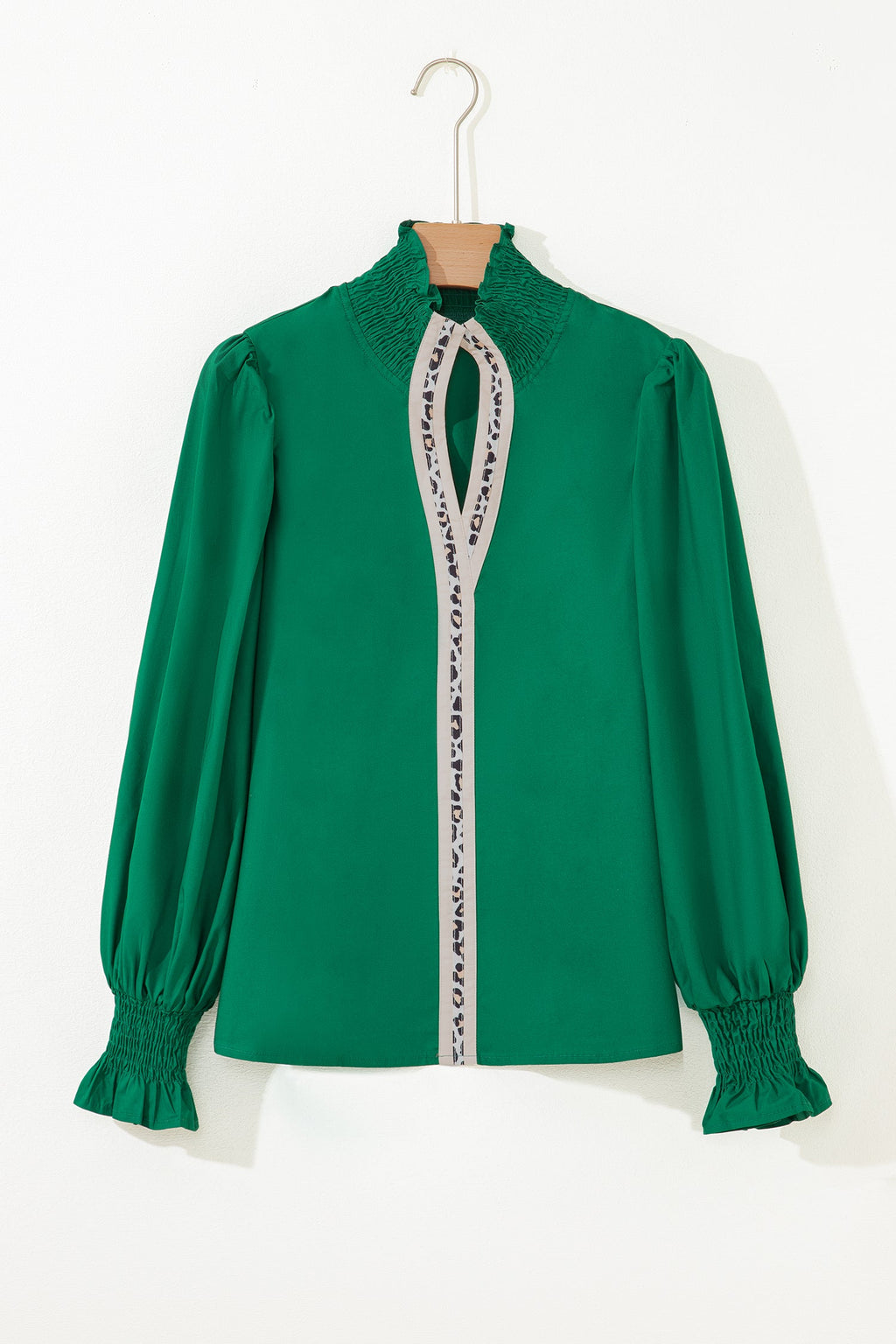 Leopard Trim V-Neck Puffy Flounce Sleeve Blouse