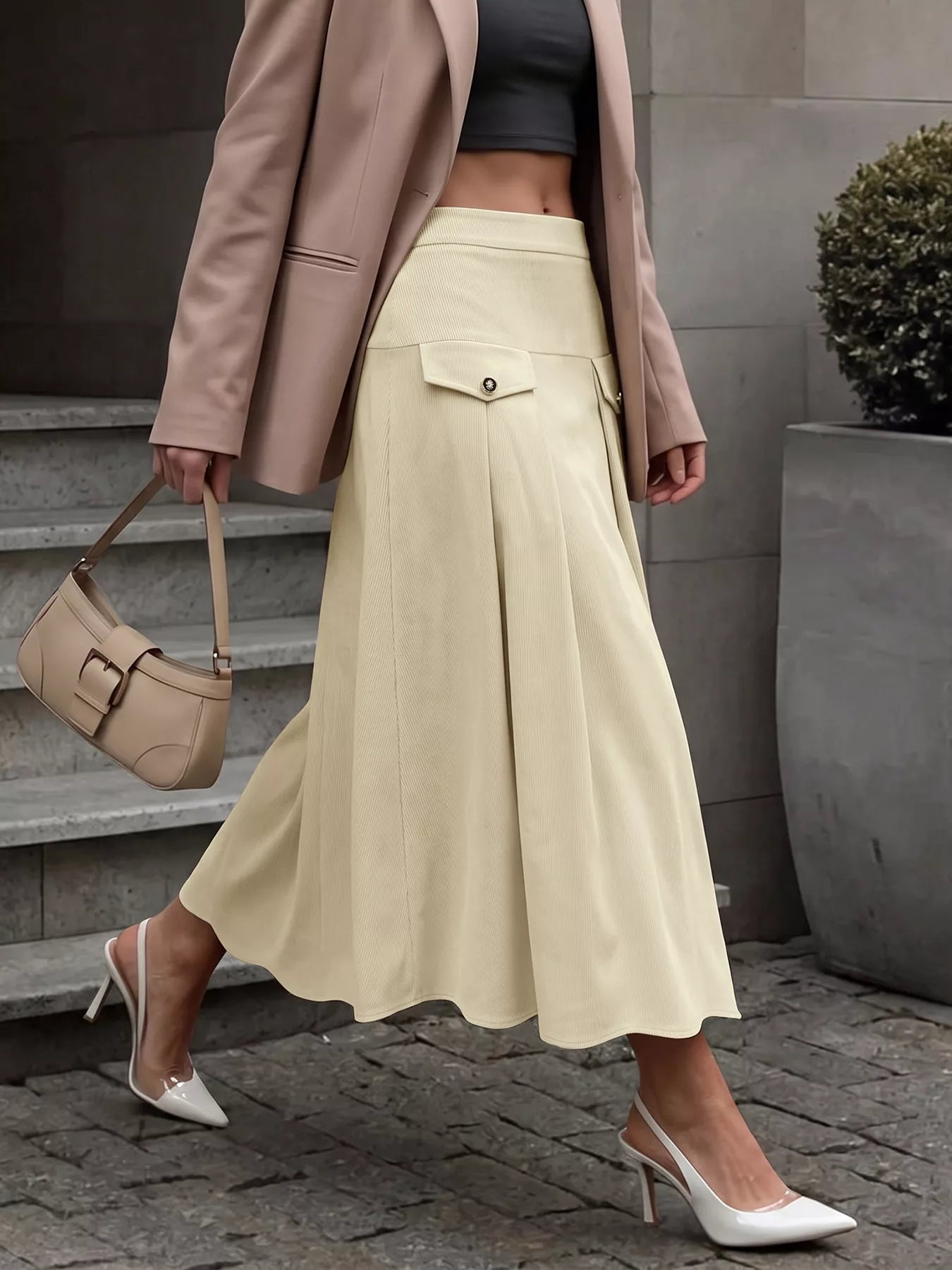 High Waist Pleated Midi Skirt