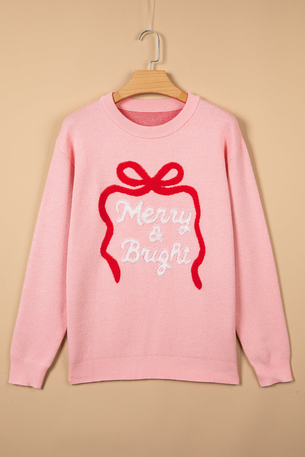 Gossamer Pink Drop Shoulder Round Neck Towel Embroidery Slogan Pullover Sweater