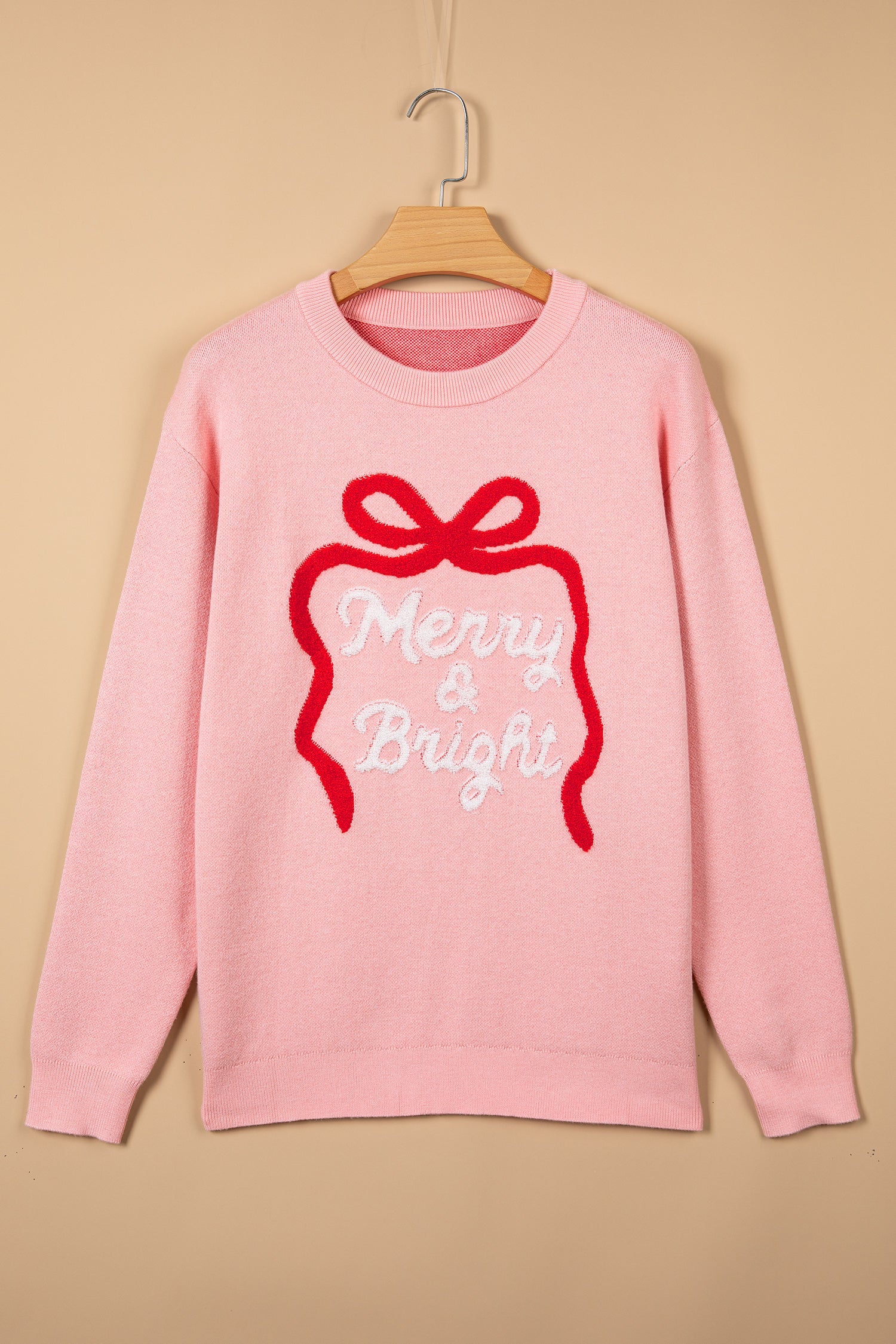 Gossamer Pink Drop Shoulder Round Neck Towel Embroidery Slogan Pullover Sweater