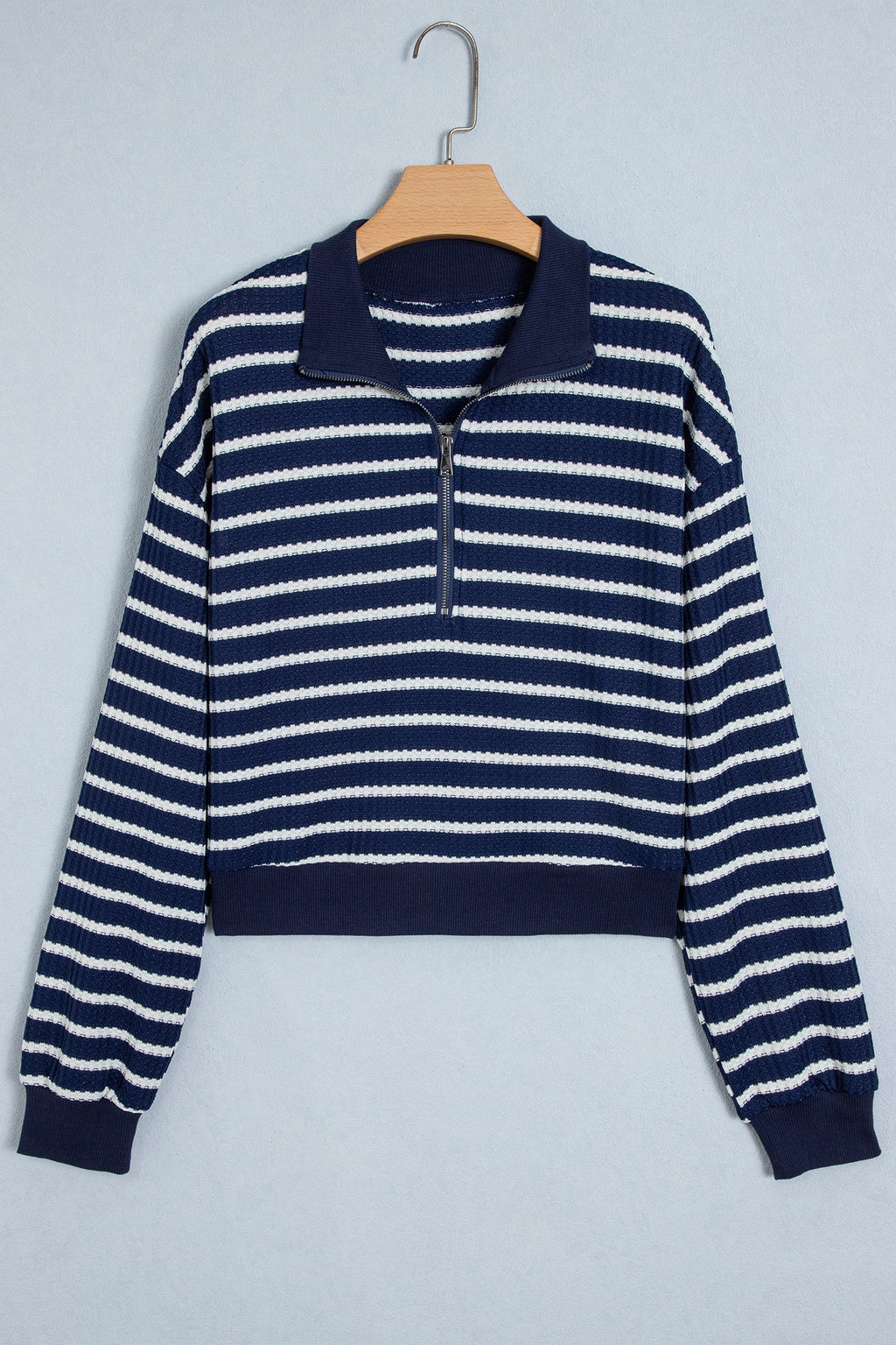 Blue Stripe Textured Knit Half Zip Collared Long Sleeve Top