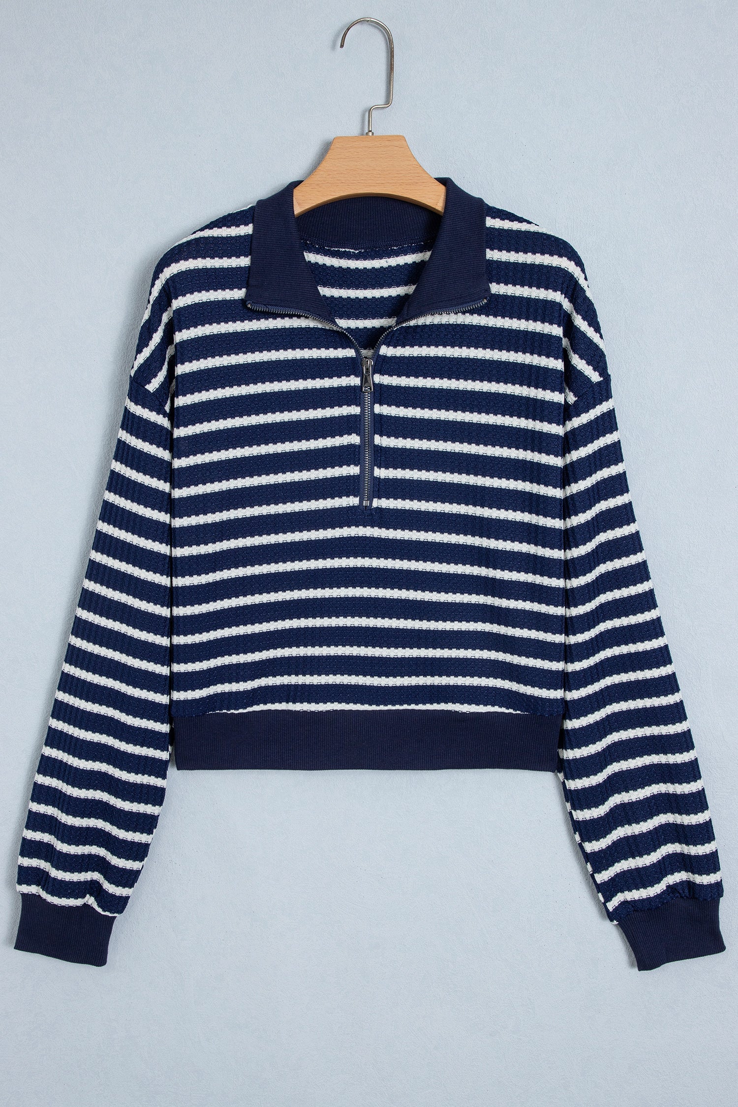 Blue Stripe Textured Knit Half Zip Collared Long Sleeve Top