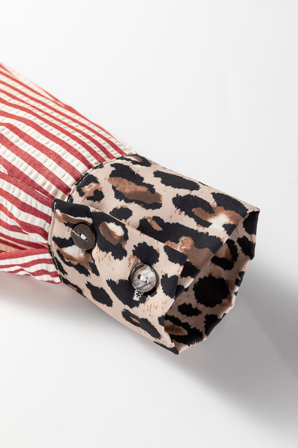 Racing Red Striped Leopard Print Patchwork Button Up Womens Shirt