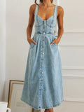 Sweetheart Neck Button-Front Midi Denim Dress