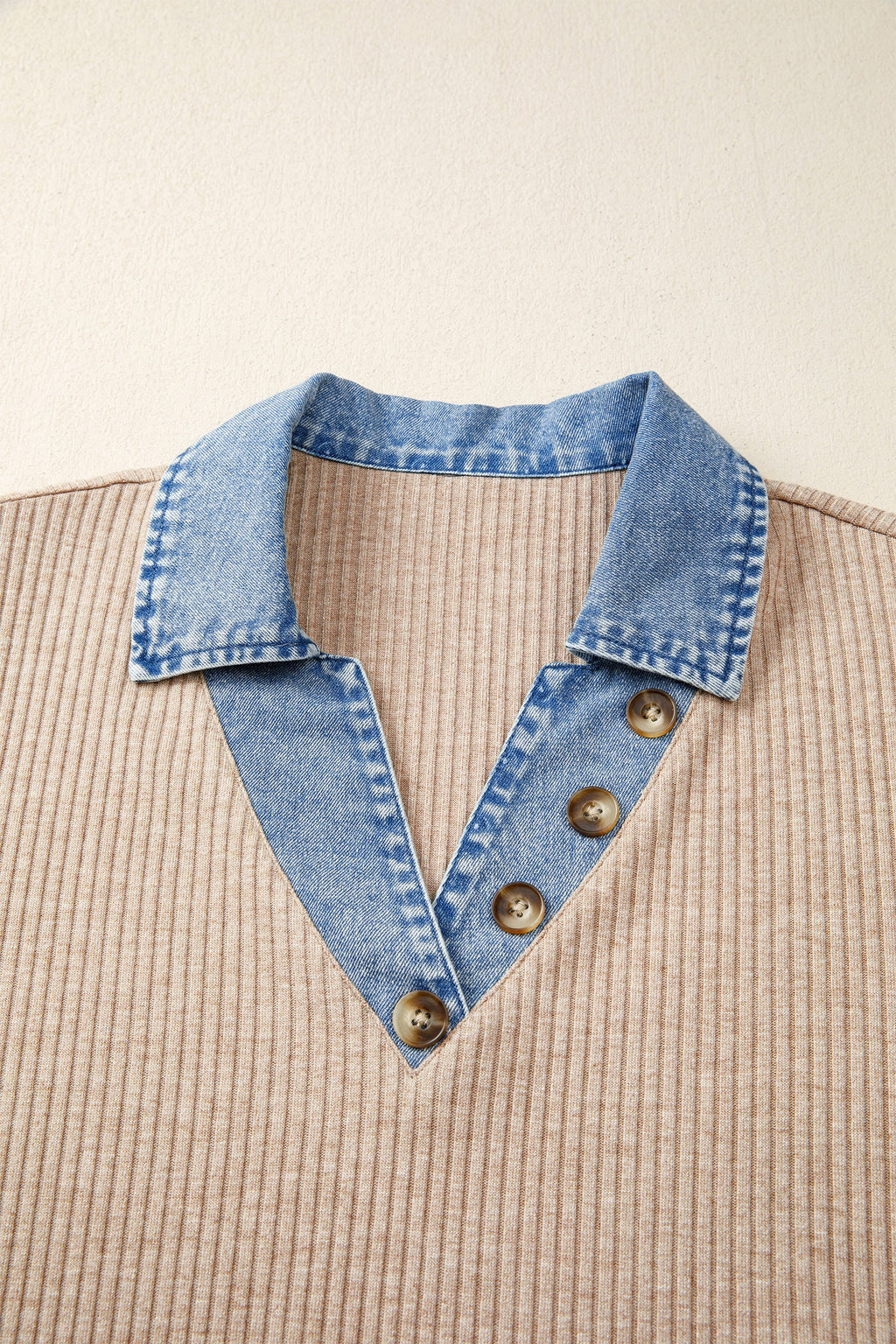 Beige Ribbed Knit Denim Color Block Patchwork Button Detail Collared Blouse